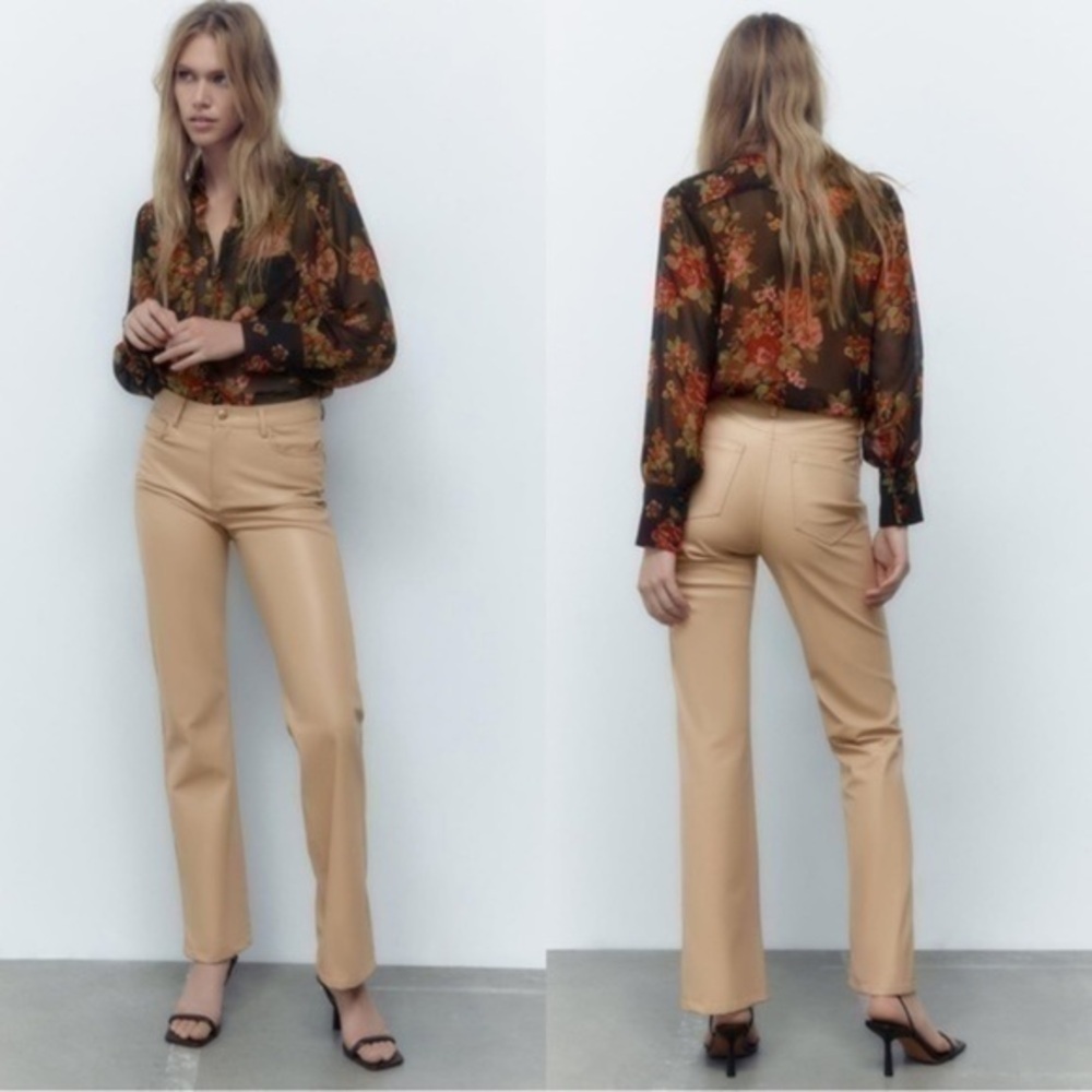 NWT Zara Straight Leg Faux Leather Pants Beige